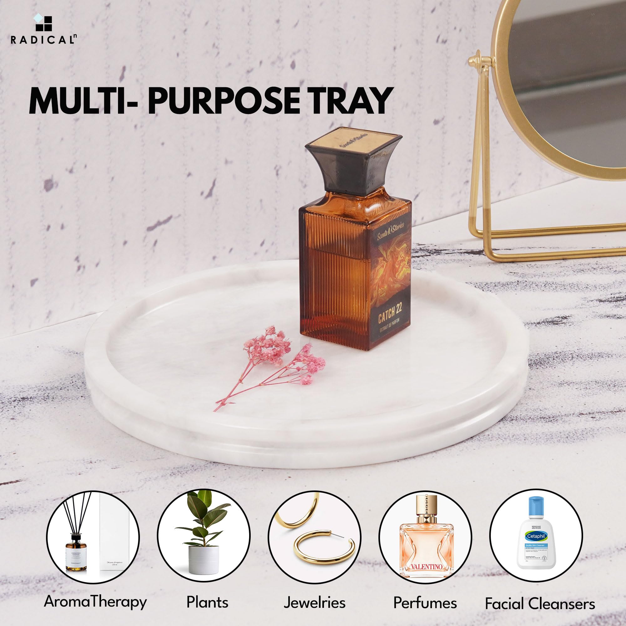 Radicaln Marble Tray White 10'' Inch Handmade Coffee Table Tray For Kitchen Countertop - Makeup Storage Vanity Tray - Tabletop D